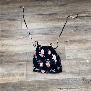 Black floral crop top halter (S)
